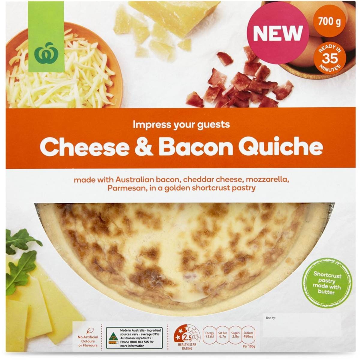 Woolworths Cheese & Bacon Quiche Chilled Meal 700g Woolworths