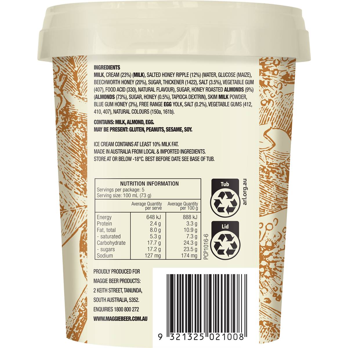 Maggie Beer Salted Honey & Roasted Almond Ice Cream Tub 500ml Woolworths
