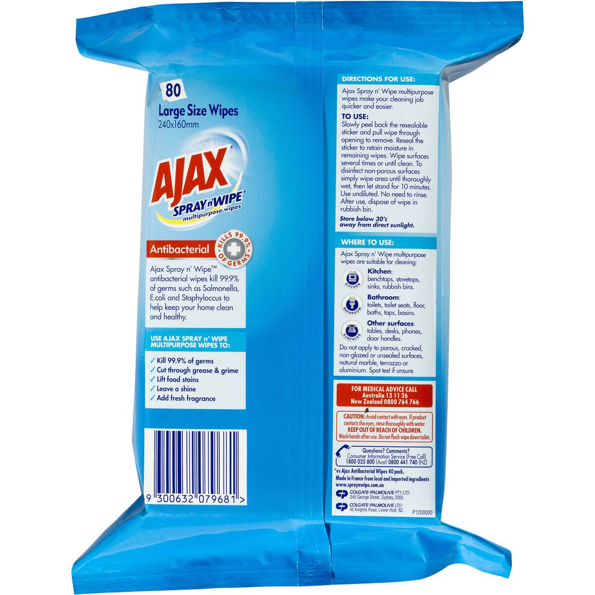 Ajax Spray N' Wipe Multipurpose Antibacterial Cleaning Wipes 80 Pack