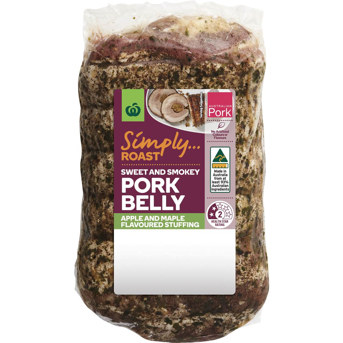 Woolworths Pork Belly Roast Maple & Apple Stuffing Min. 950g Woolworths