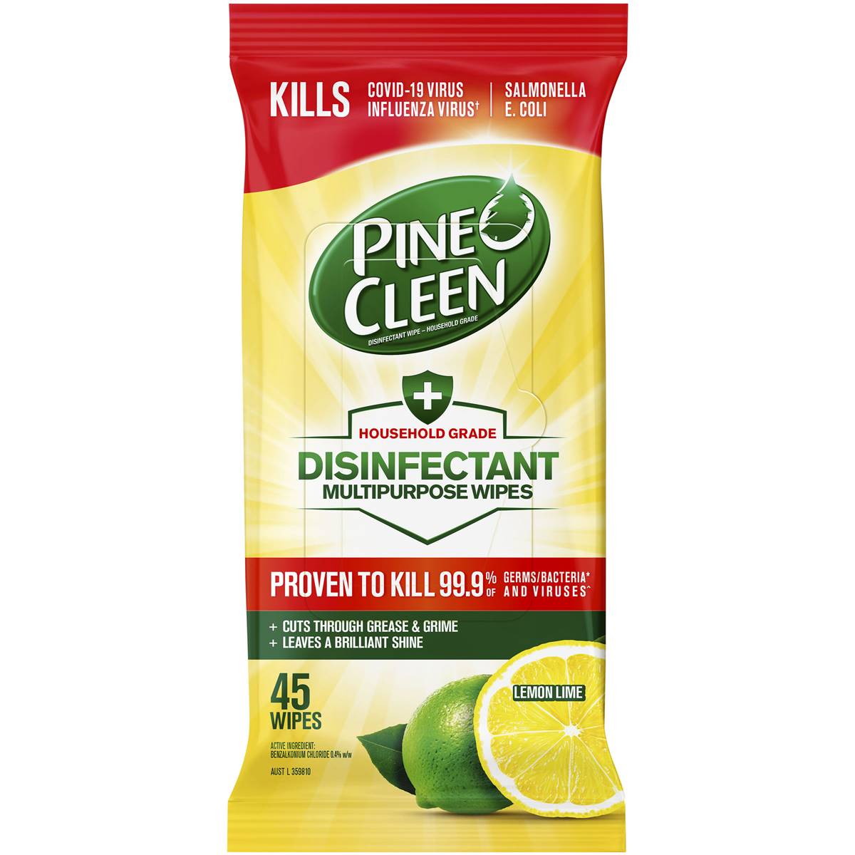 Pine O Cleen Disinfectant Multipurpose Wipes Lemon Lime 45 Pack