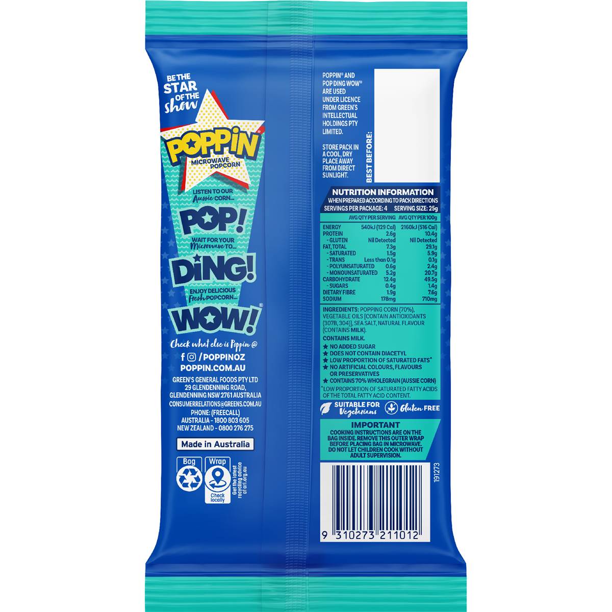 Poppin Microwave Popcorn Sea Salt Flavour 100g Woolworths