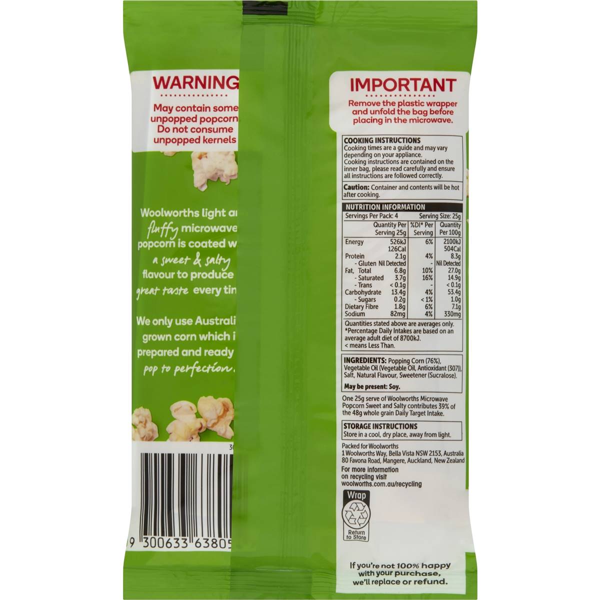 Woolworths Sweet & Salty Microwave Popcorn 100g Woolworths