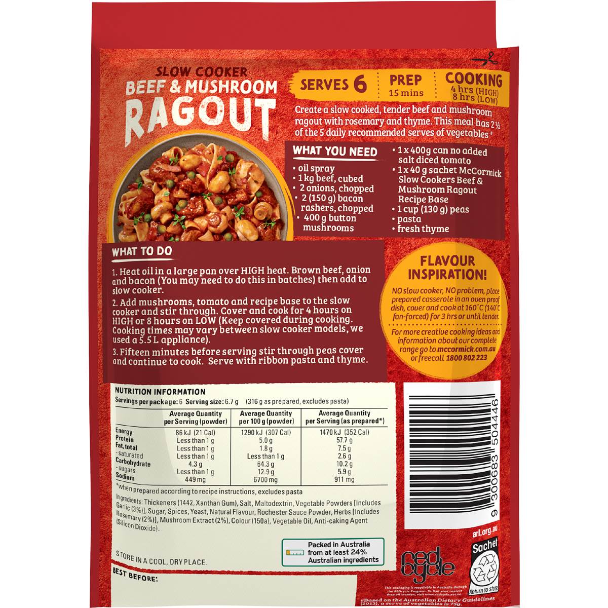 Mccormick Slow Cooker Beef & Mushroom Ragout Recipe Base 40g Woolworths