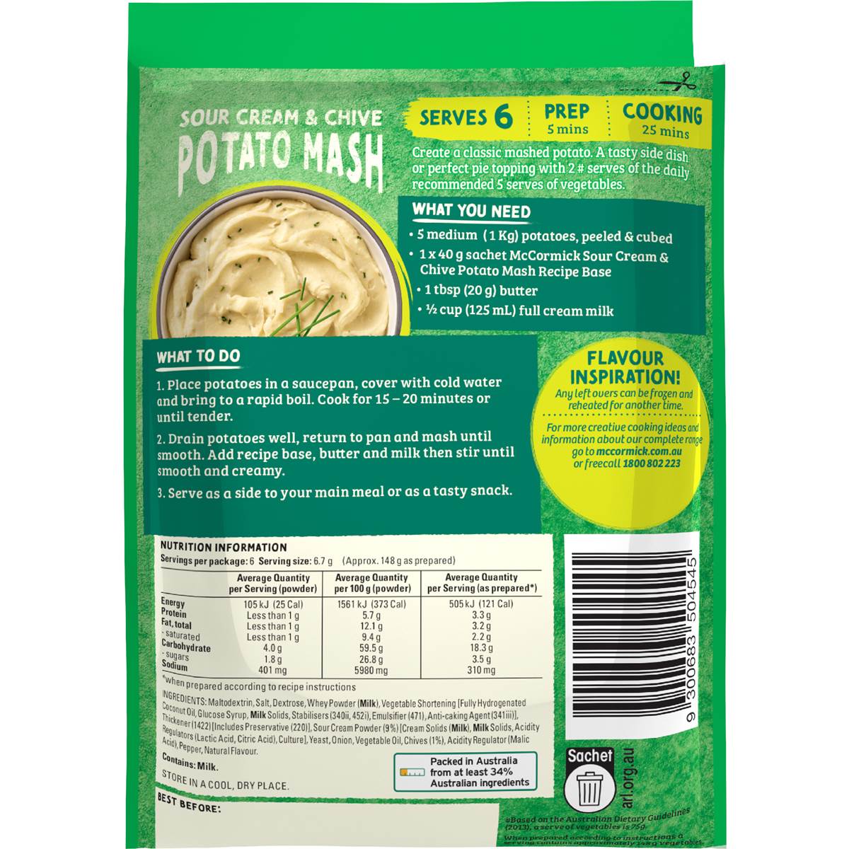 Mccormick Sour Cream & Chive Potato Mash Recipe Base 40g Woolworths