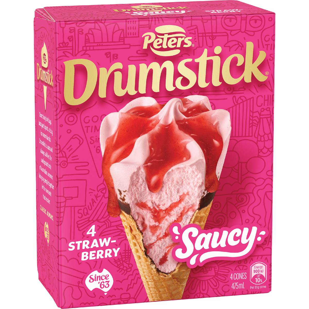 Peters Drumstick Saucy Strawberry 4 Pack 475mL