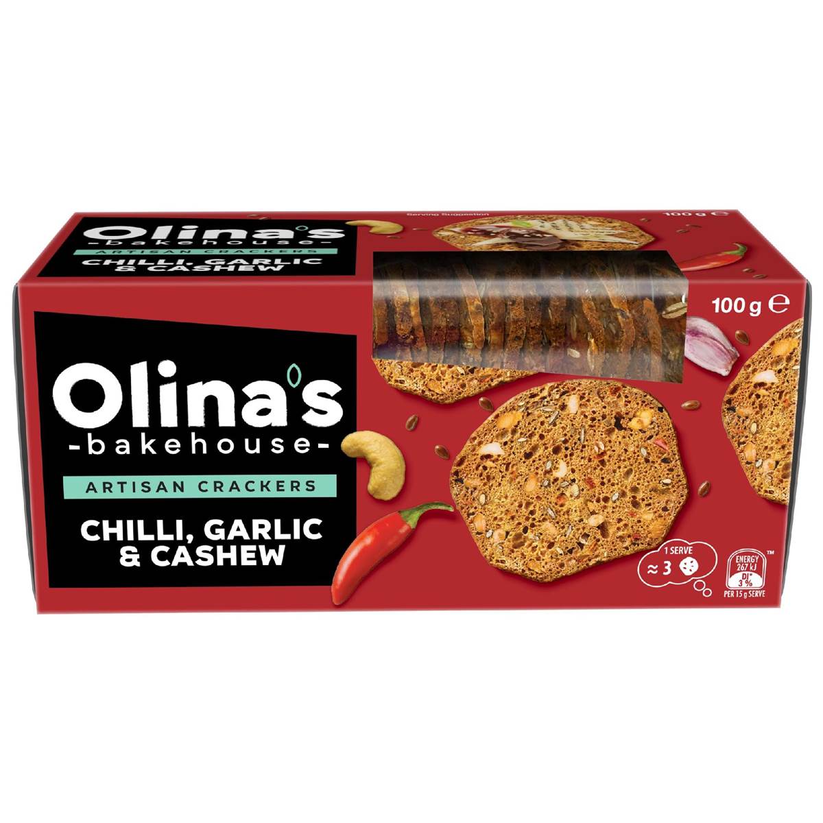 Olina's Bakehouse Artisan Crackers Biscuits Chilli Garlic & Cashew 100g