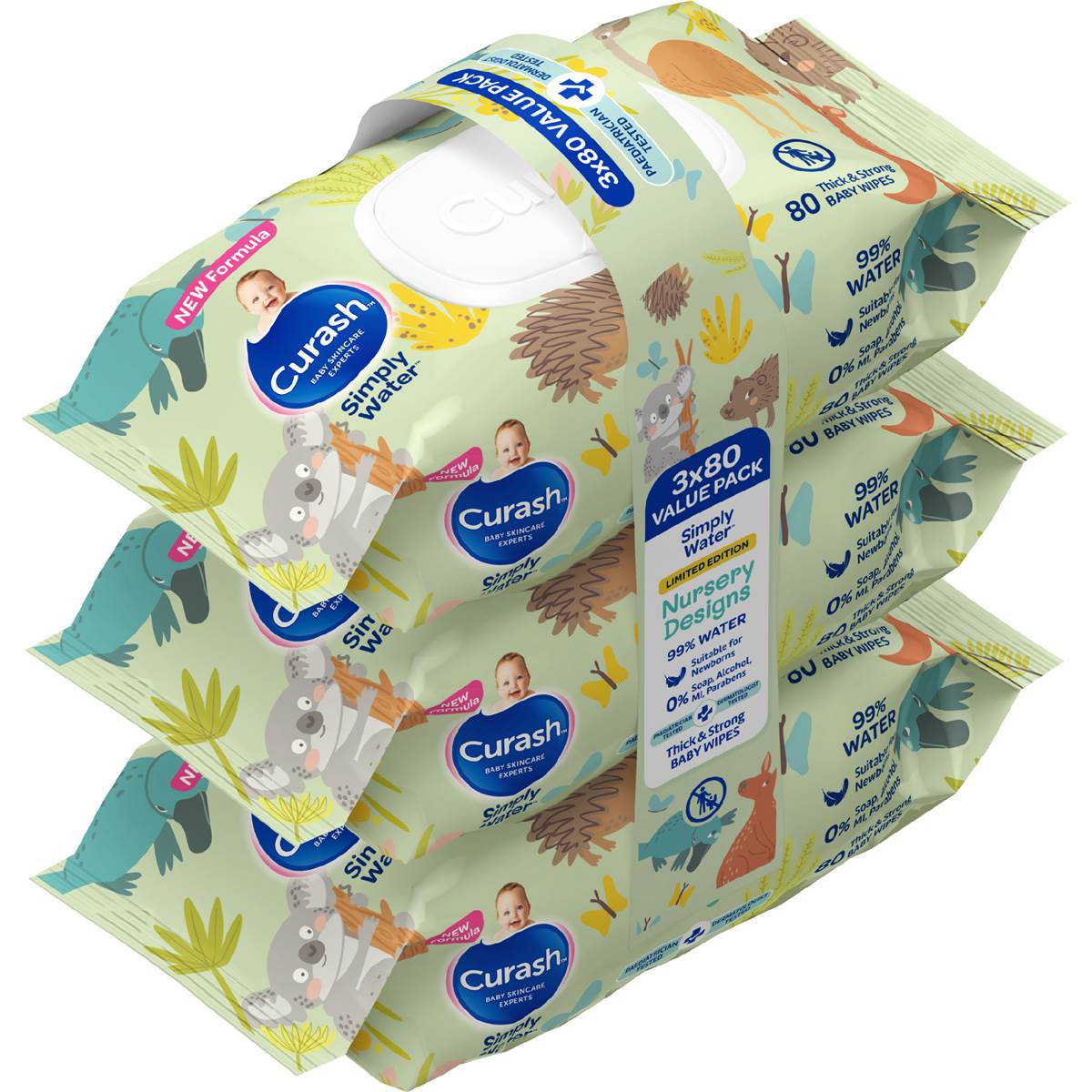 Curash Simply Water Baby Wipes Nursery Designs 3 x 80 pack