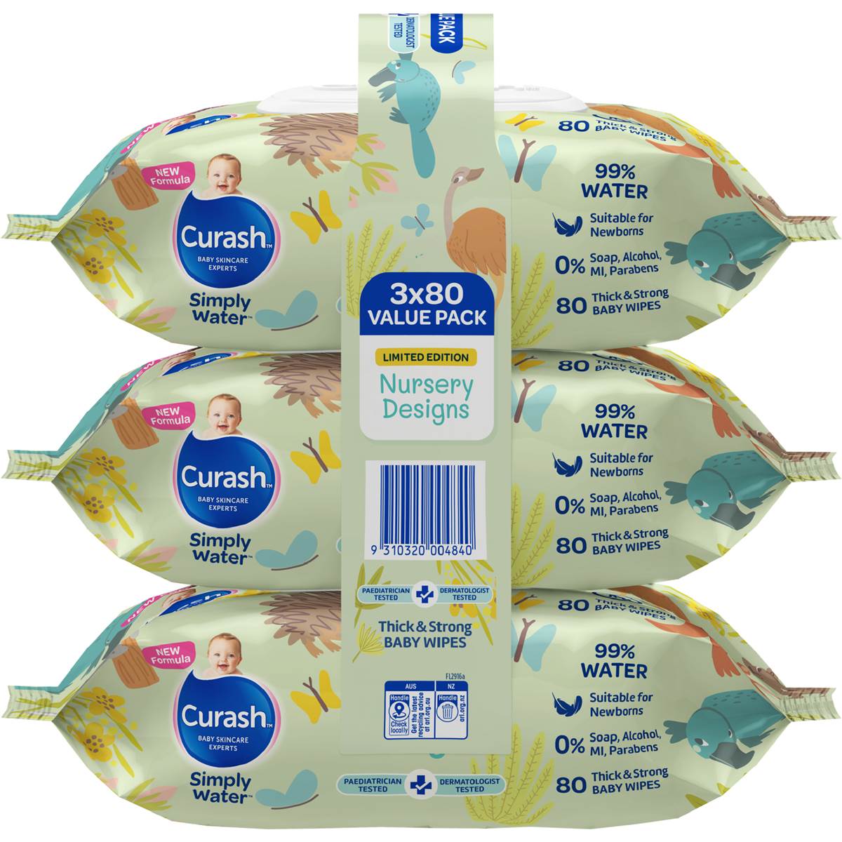 Curash Simply Water Baby Wipes Nursery Designs x 80 pack