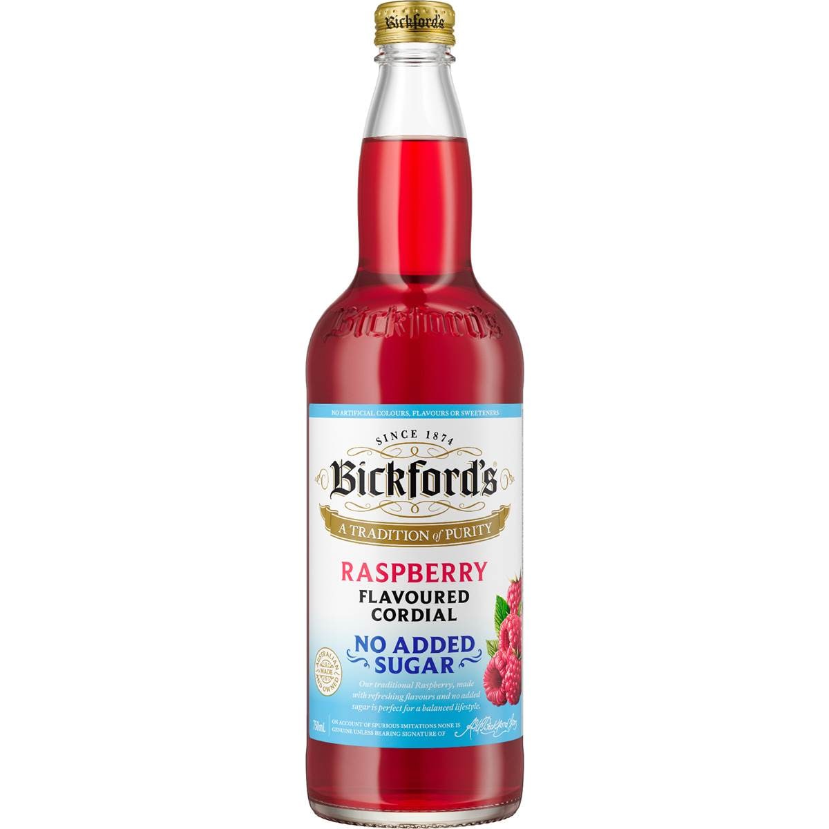 Bickford's No Added Sugar Cordial Raspberry 750mL