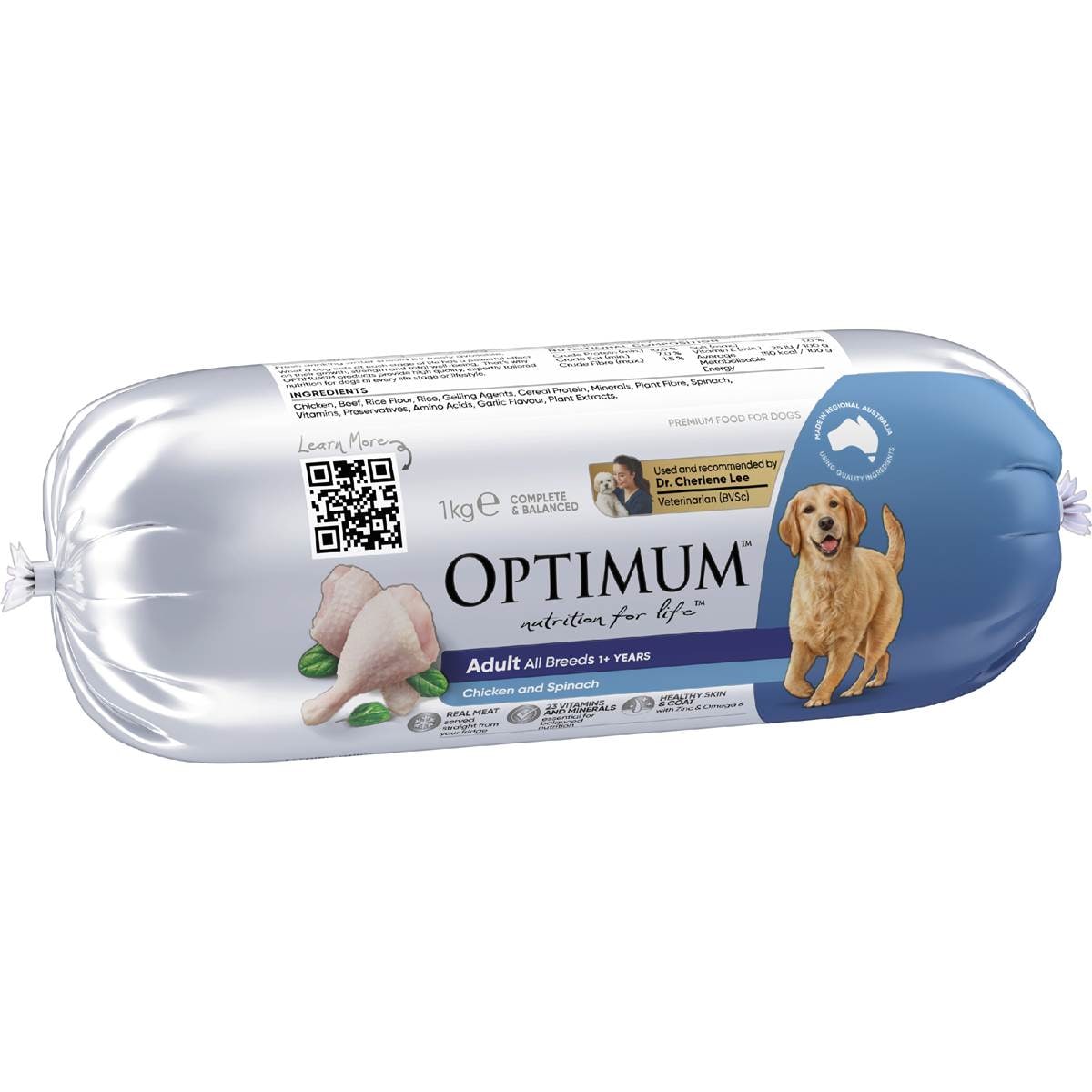 Optimum Chilled Dog Food Roll Adult Chicken & Spinach 1kg