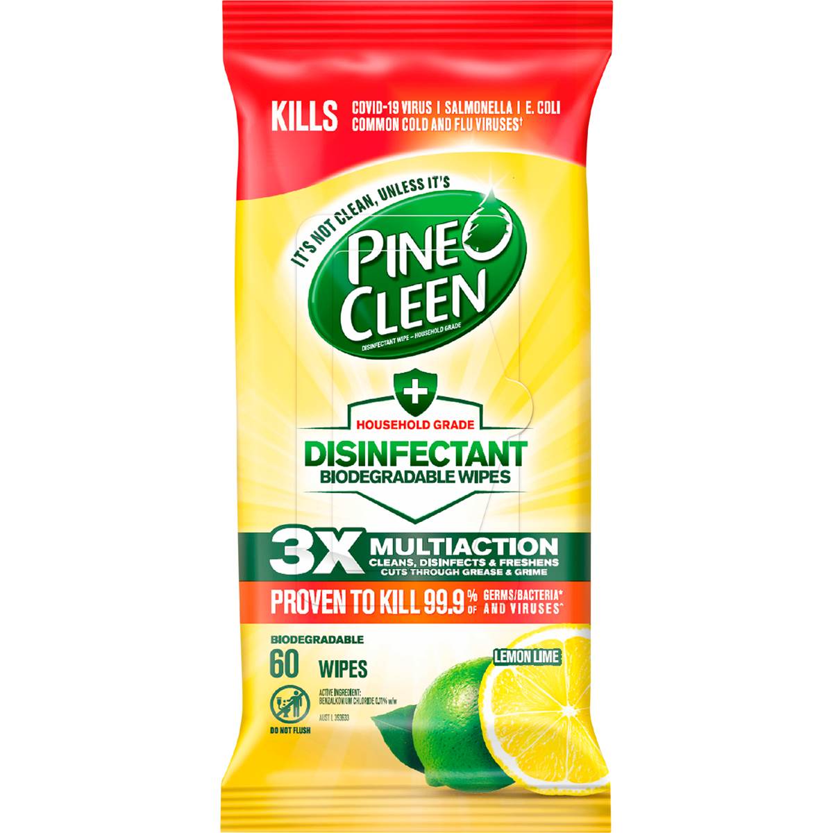 Pine O Cleen Disinfectant Biodegradable Wipes Lemon Lime 60 pack
