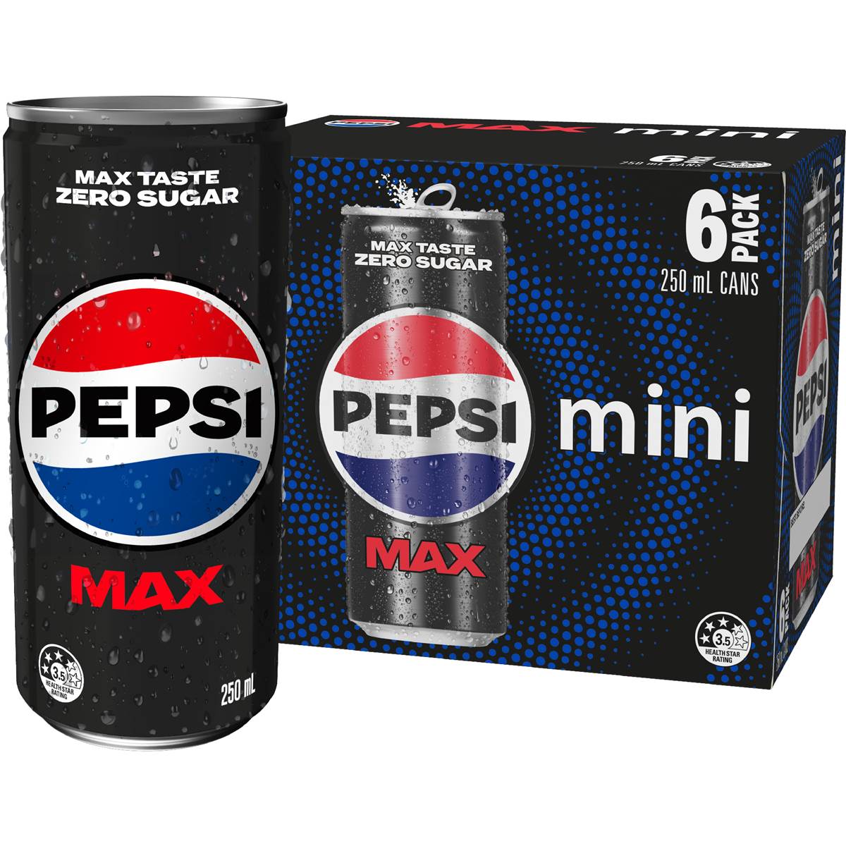 Pepsi Max No Sugar Cola Soft Drink Mini Cans Multipack 250mL x 6 pack