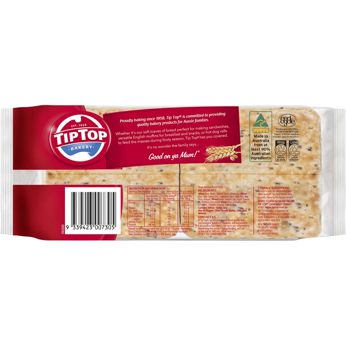 Tip Top Bakery Sandwich Thins Lightly Seeded Bread 6 Pack Woolworths