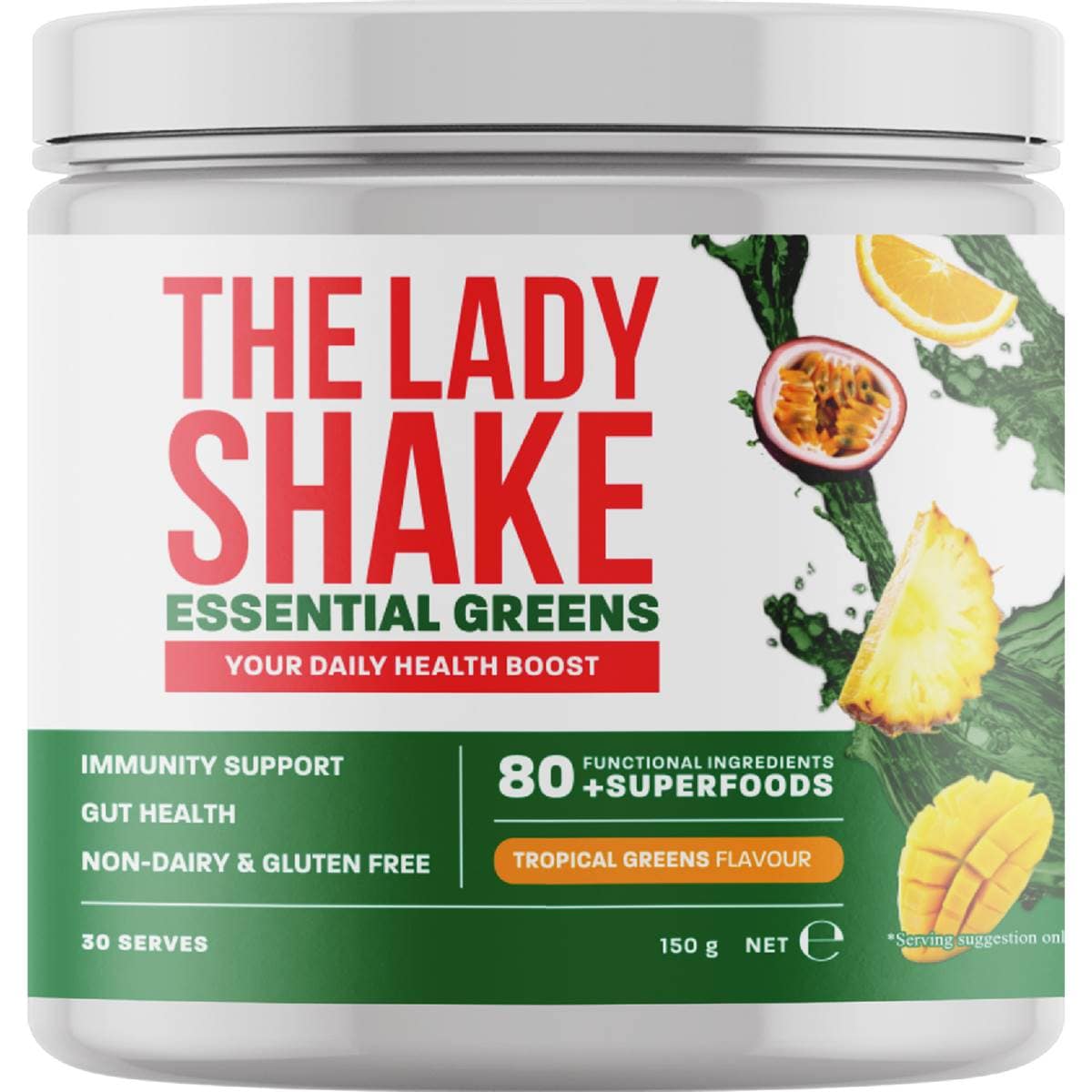 The Lady Shake Essential Greens Supplement Powder Tropical 150g
