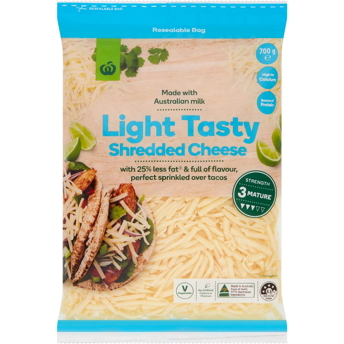 Woolworths Shredded Light Tasty Cheese 700g