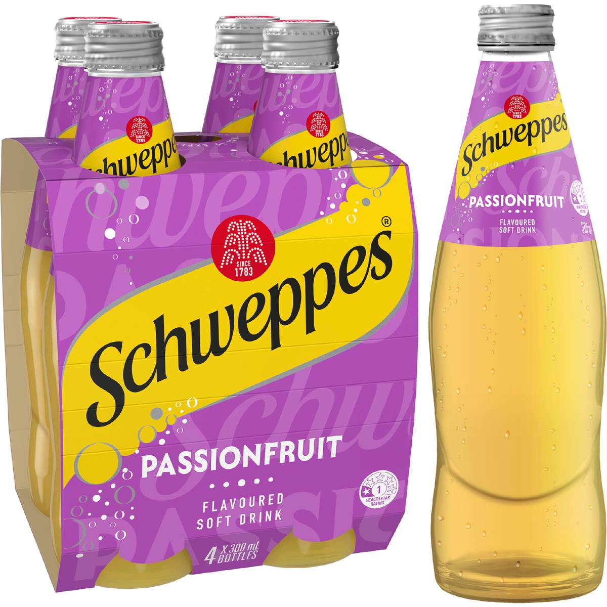 Schweppes Passionfruit Soft Drink Glass Bottle Multipack 300mL x 4 pack