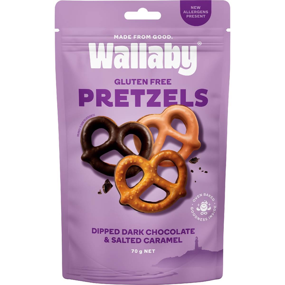 Wallaby Gluten Free Pretzels Dark Chocolate & Salted Caramel 70g