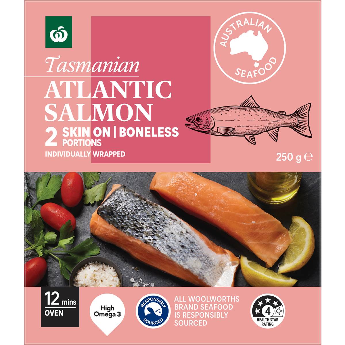 Woolworths Tasmanian Salmon Portions Skin On 250g