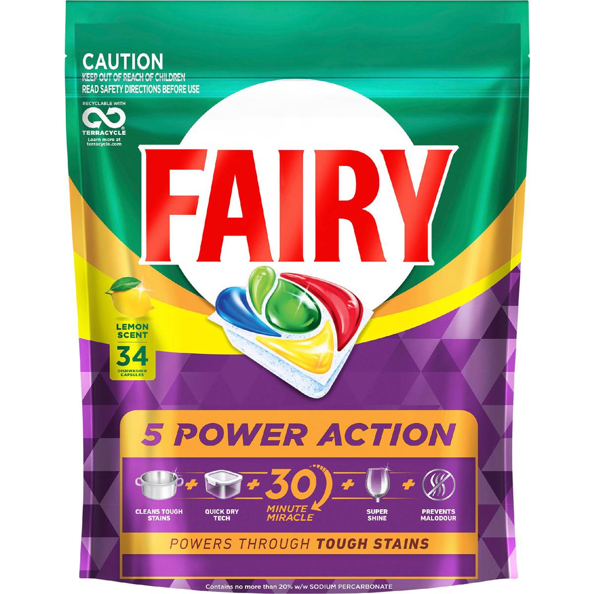 Fairy 5 Power Action Dishwashing Tablets Lemon 34 pack