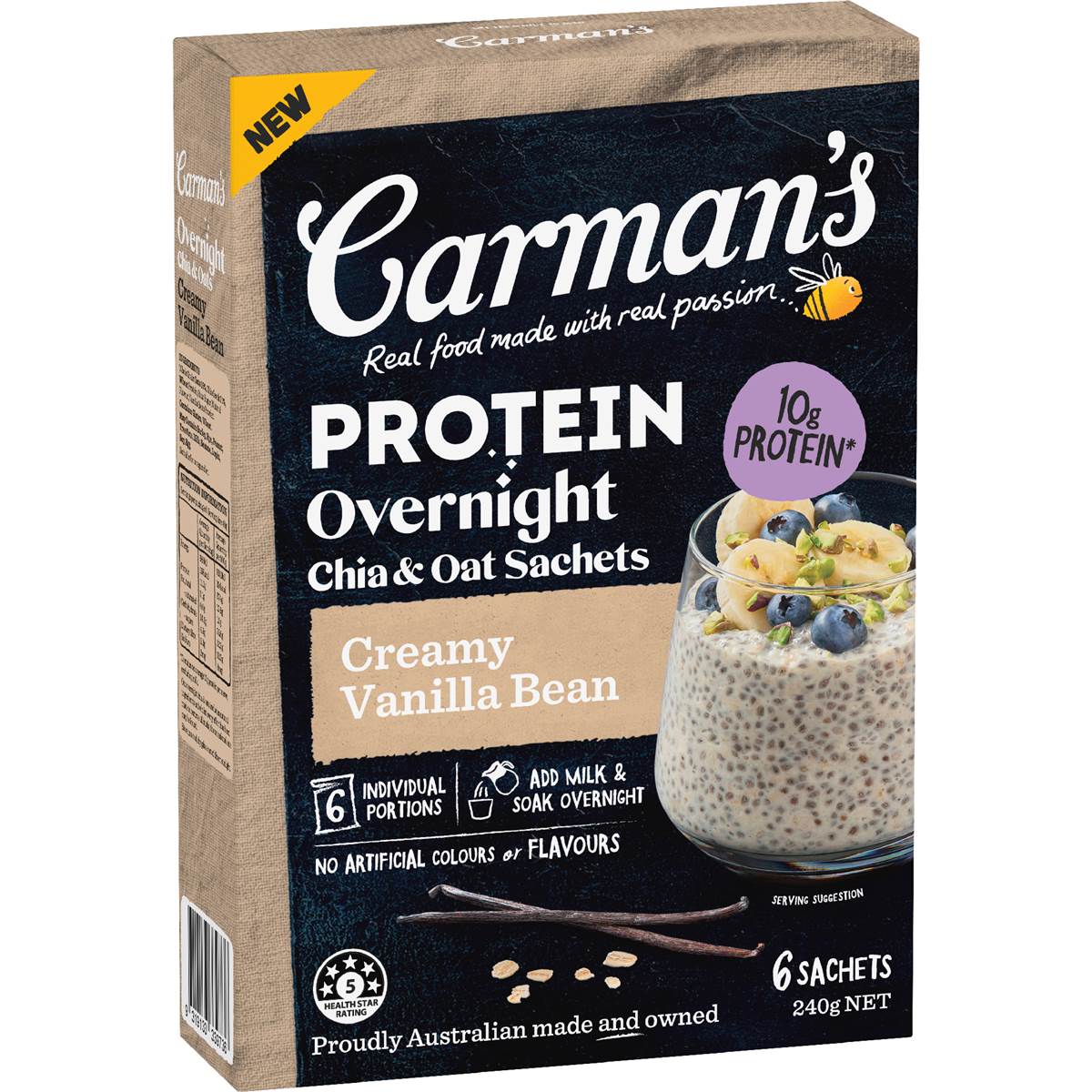 Carman's Protein Overnight Chia & Oat Sachets Creamy Vanilla Bean 6 pack