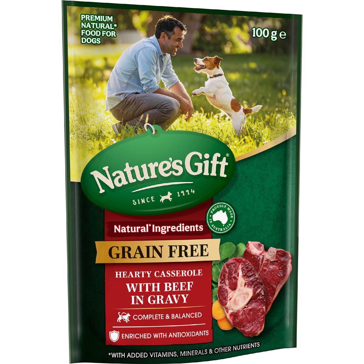Nature's Gift Grain Free Wet Dog Food Gravy Casserole with Beef Pouch 100g