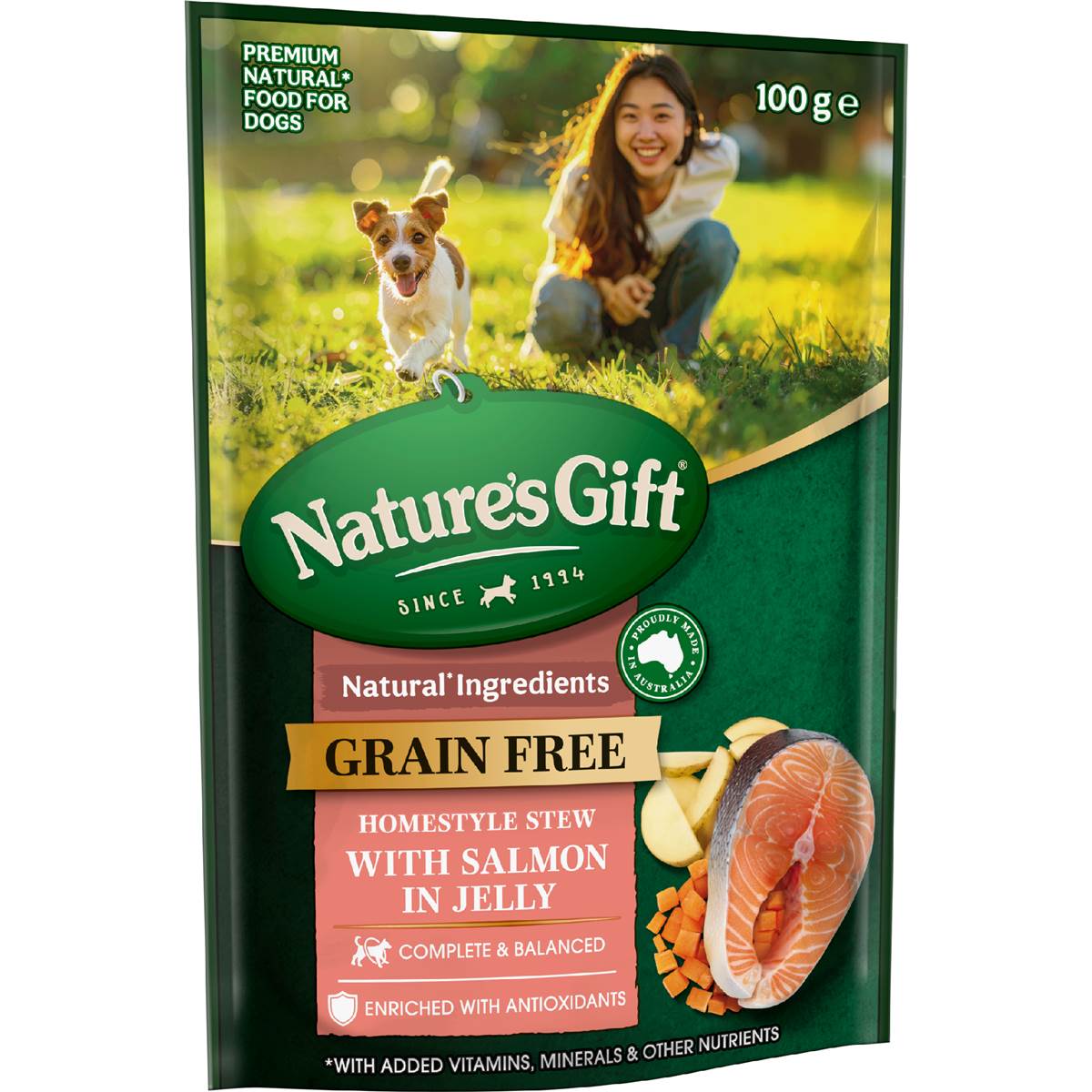 Nature's Gift Grain Free Wet Dog Food Stew Jelly with Salmon Pouch 100g