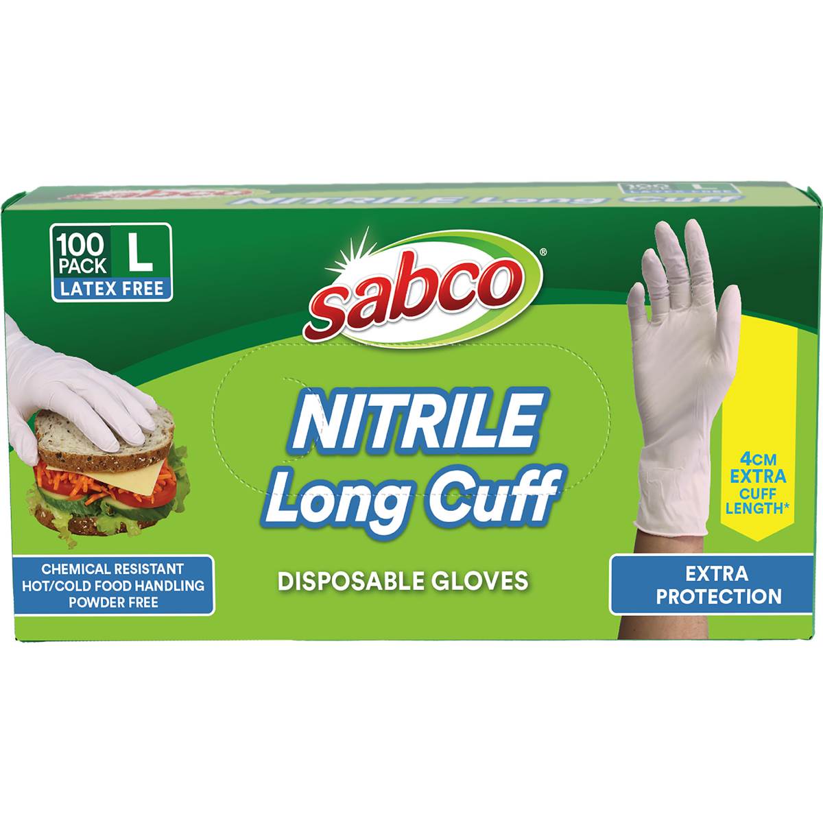 Sabco Nitrile Long Cuff Disposable Gloves Large 100 pack