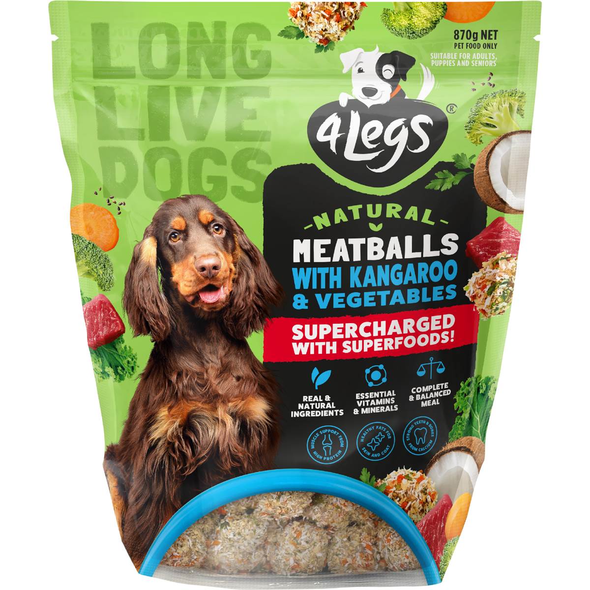 4 Legs Chilled Dog Food Natural Meatballs Kangaroo Vegetables 870g