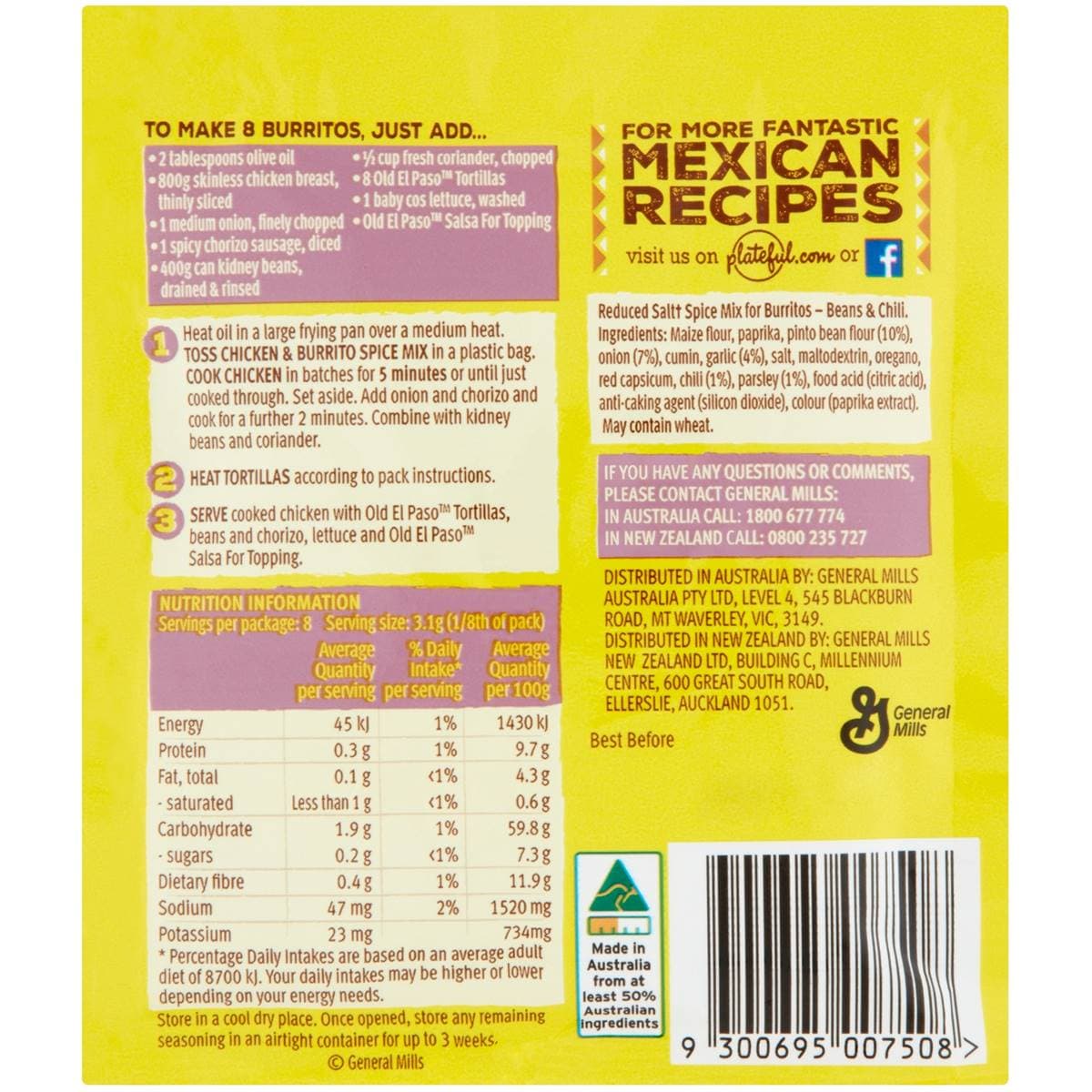 Old El Paso Seasoning Burrito Reduced Salt 25g Woolworths