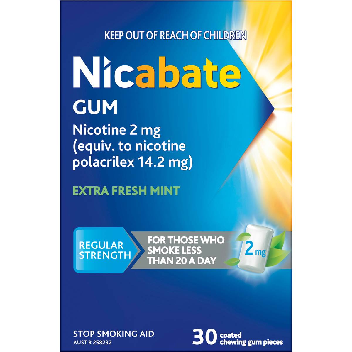 Nicabate Quit Smoking Chewing Gum Regular Strength 2mg Nicotine 30 Pack