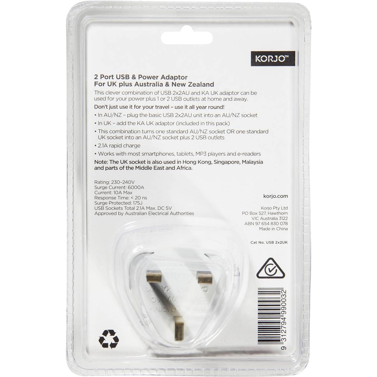 Korjo Usb & Power Adaptor Uk & Au/nz Each Woolworths