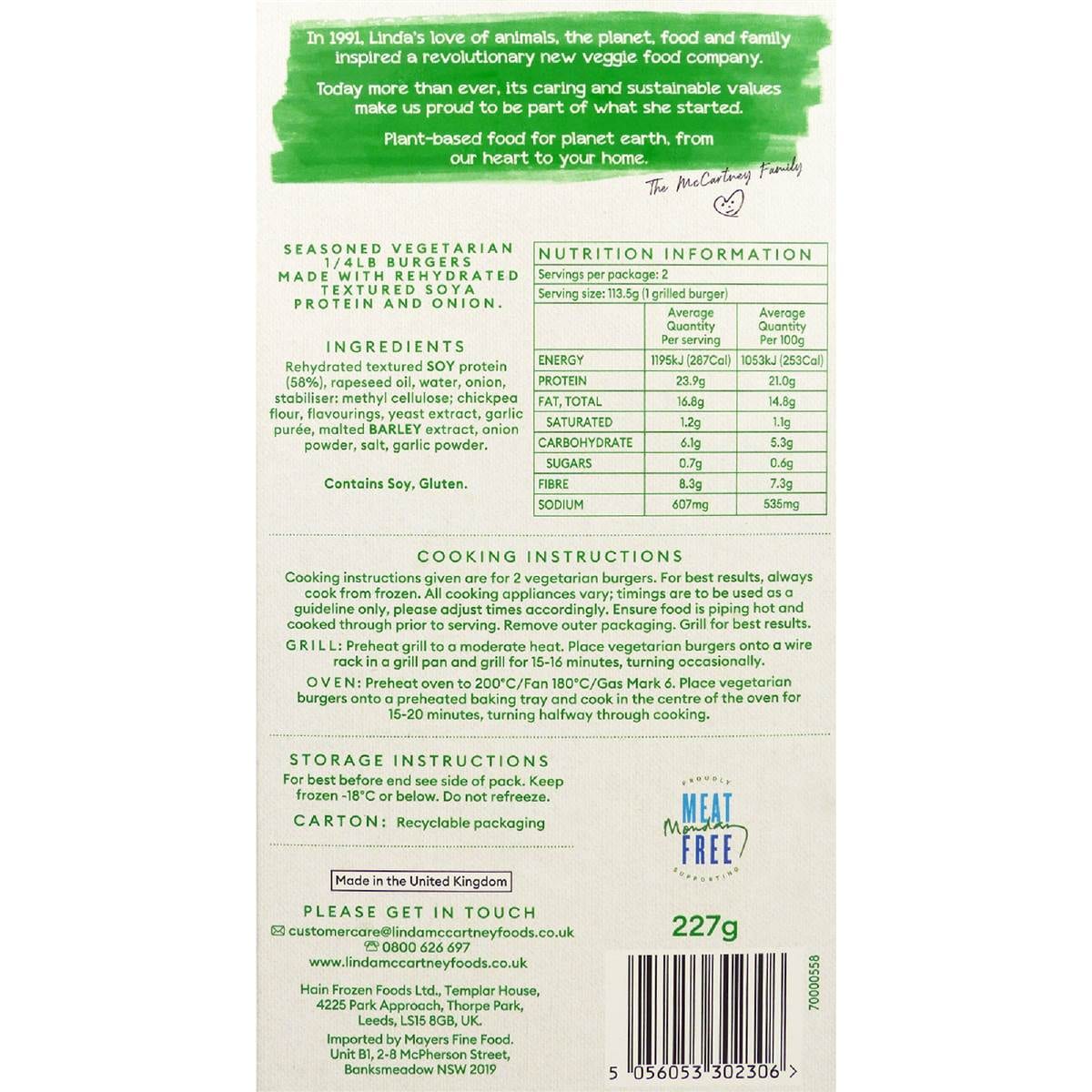 Linda Mccartney's Vegetarian Burger Patties Frozen Meal 227g Woolworths