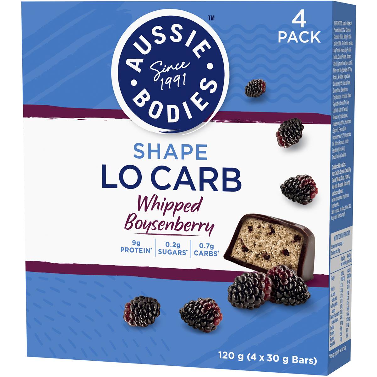 Aussie Bodies Lo Carb Protein Bar Whip'd Boysenberry Ripple 4x30g Woolworths