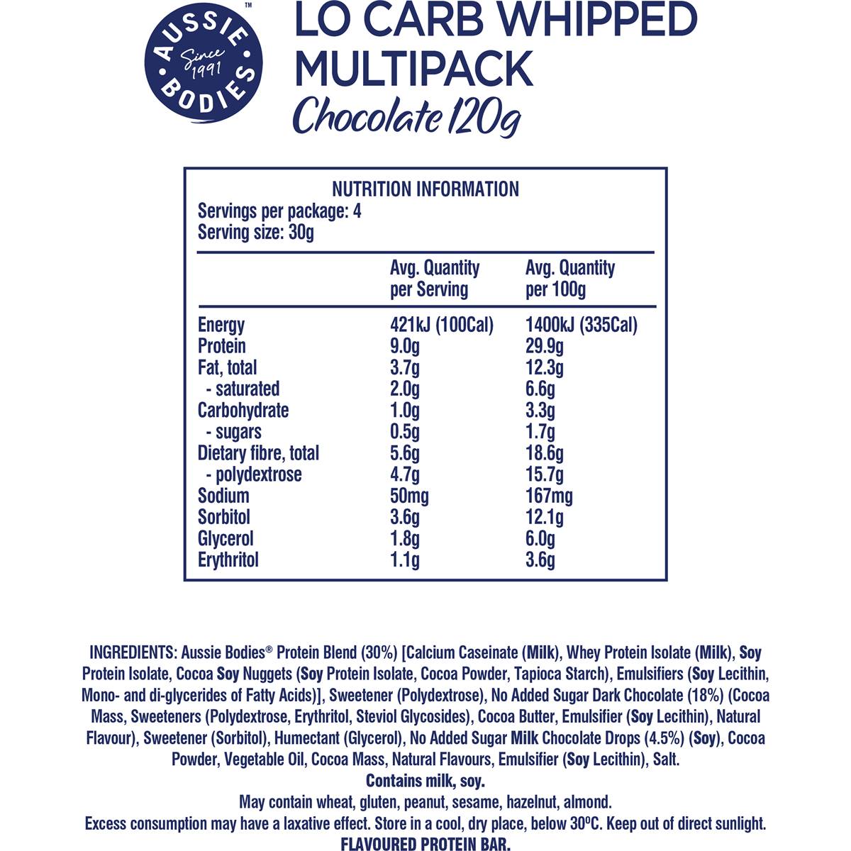 Aussie Bodies Lo Carb Protein Bar Whipped Chocolate 4x30g Woolworths