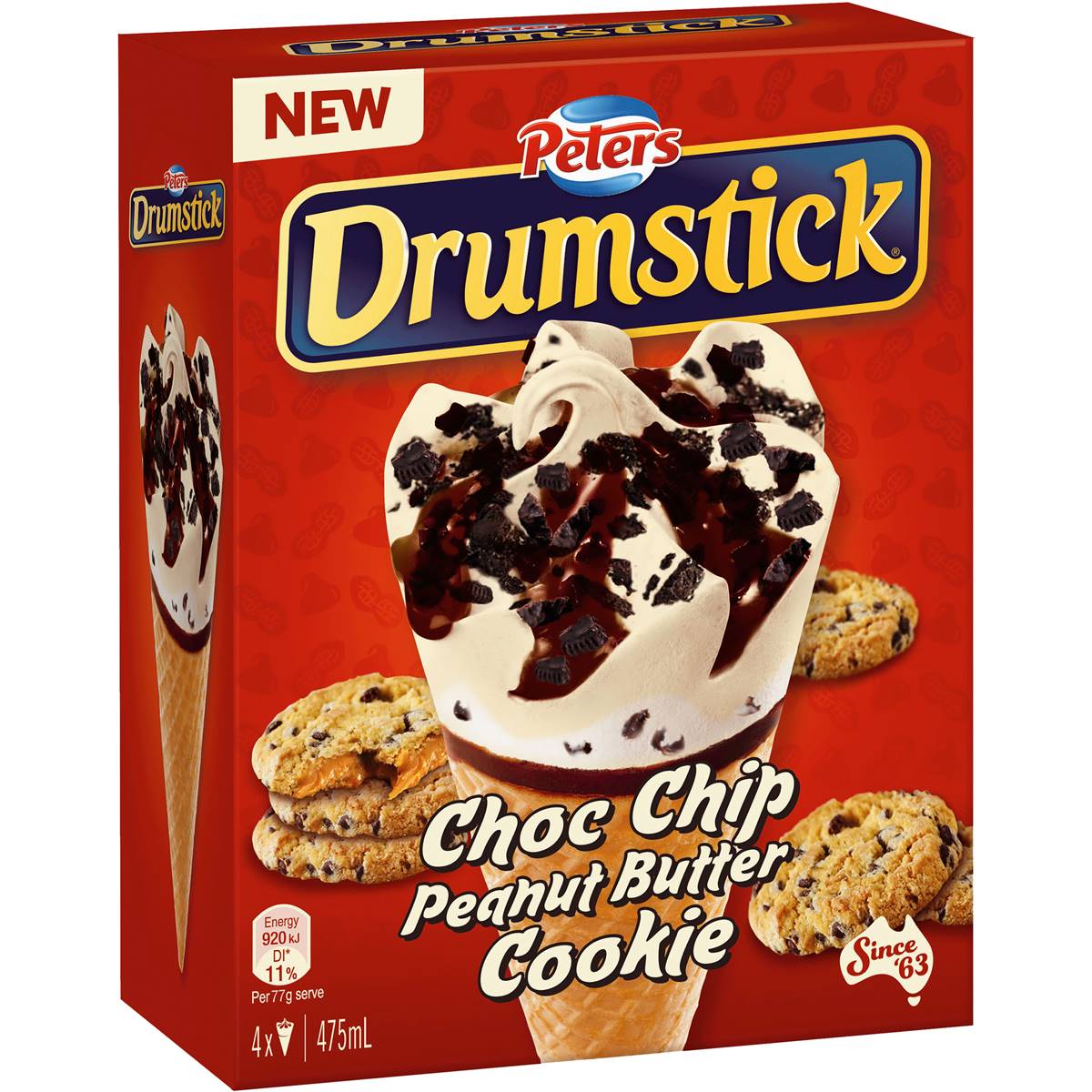 Peters Drumstick Peanut Butter & Choc Chip Cookie 4 Pack Woolworths