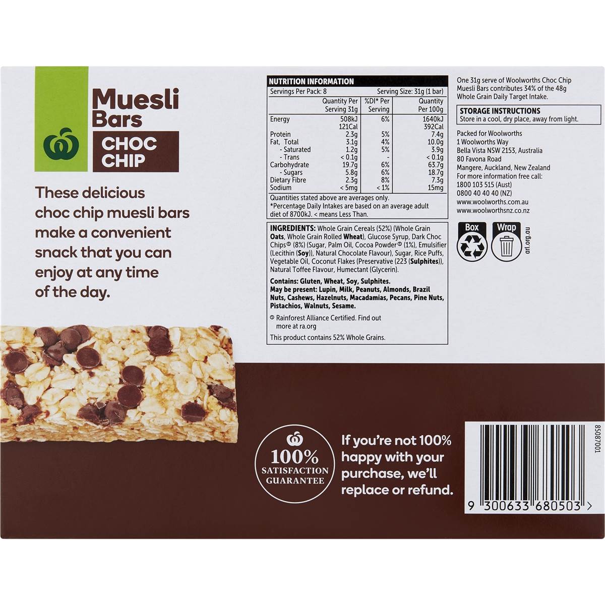 Woolworths Muesli Bar Choc Chip 8 Pack Woolworths