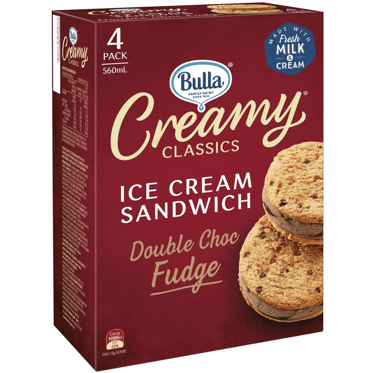 Bulla Creamy Classics Double Choc Fudge Sandwiches 4 Pack Woolworths