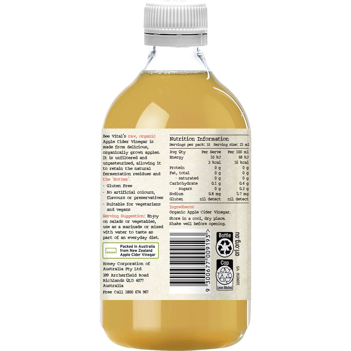 Bee Vital Organic Apple Cider Vinegar Vinegar With The Mother 500ml