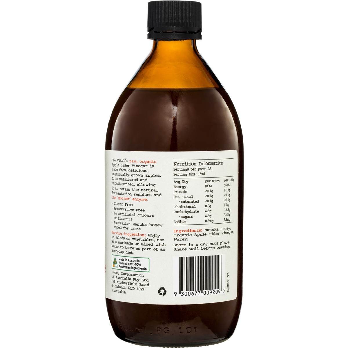Bee Vital Organic Apple Cider Vinegar With Manuka Honey 500ml Woolworths