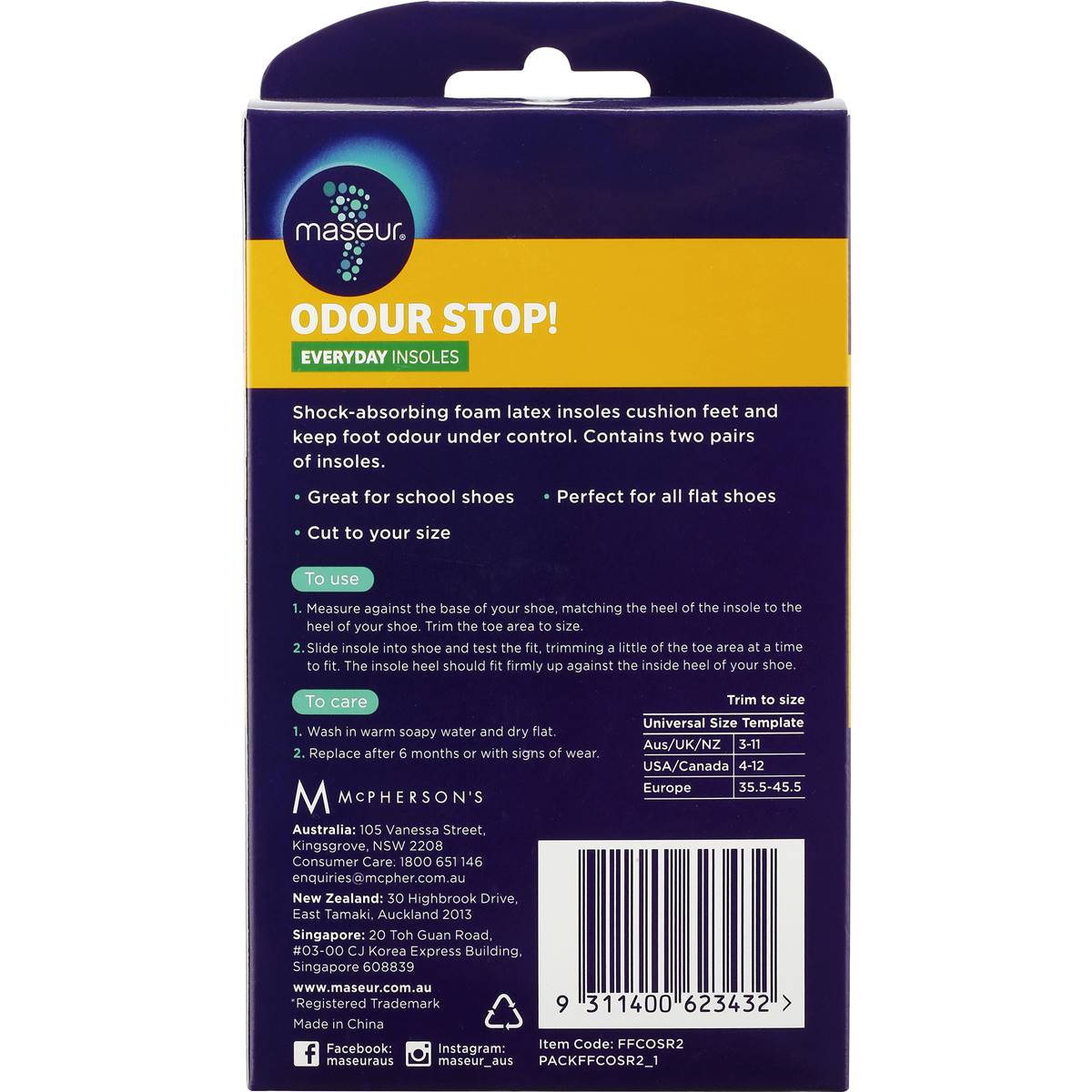 Maseur Footcare Odour Insoles Regular 2 Pack Woolworths