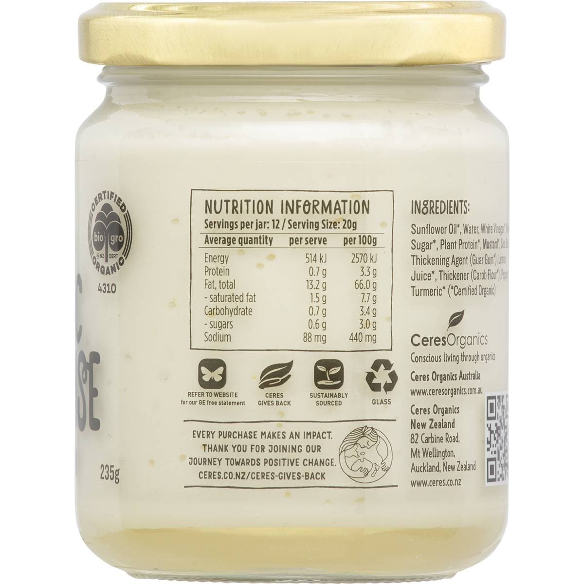 Ceres Organics Vegan Mayonnaise 235g Woolworths