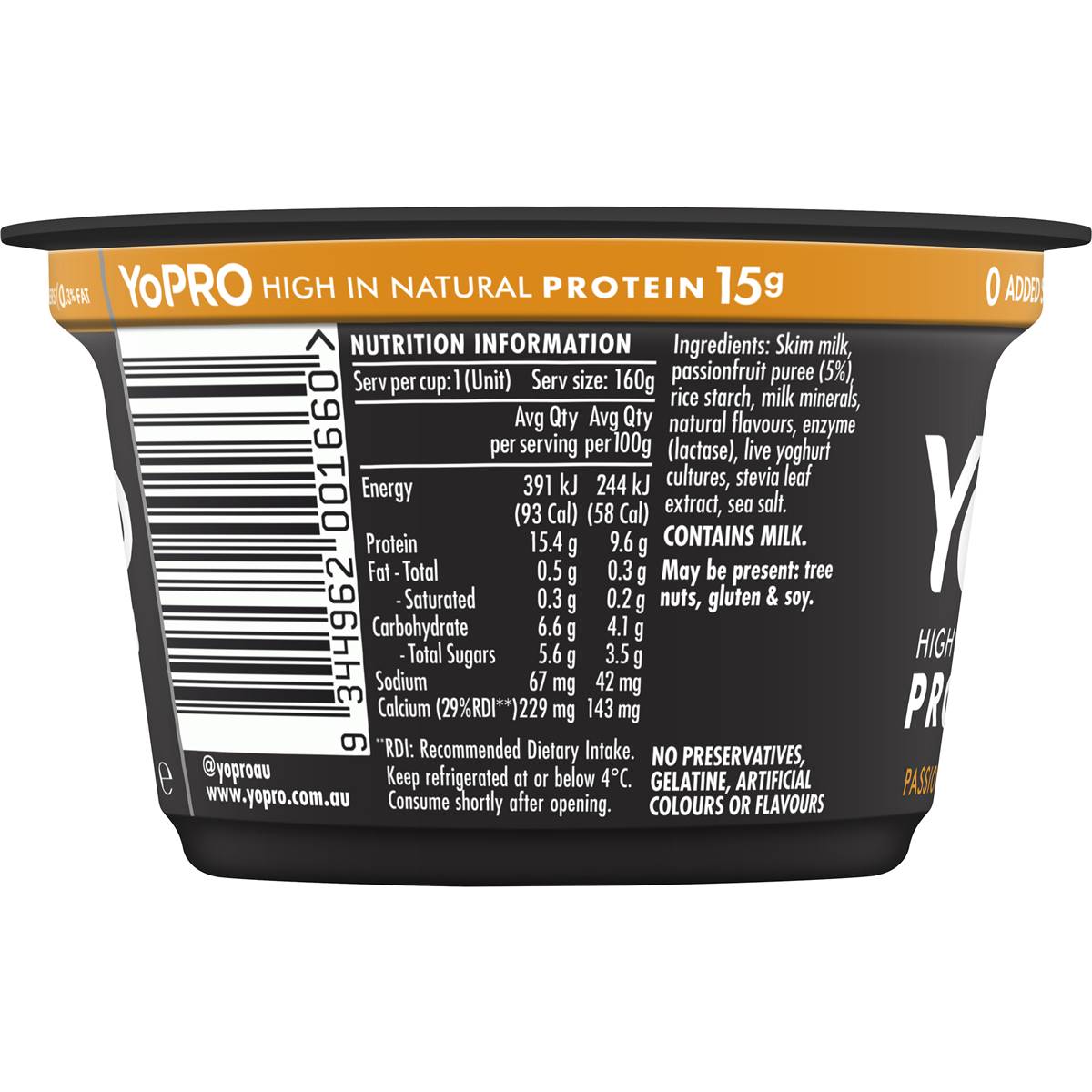 Yopro Danone High Protein Yoghurt No Added Sugar Passionfruit G