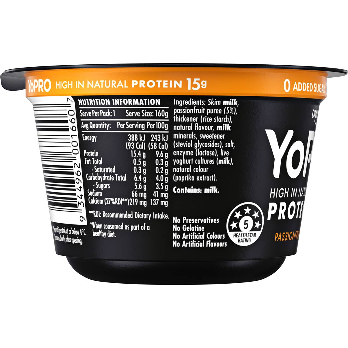 Yopro Danone High Protein Yoghurt No Added Sugar Passionfruit 160g ...