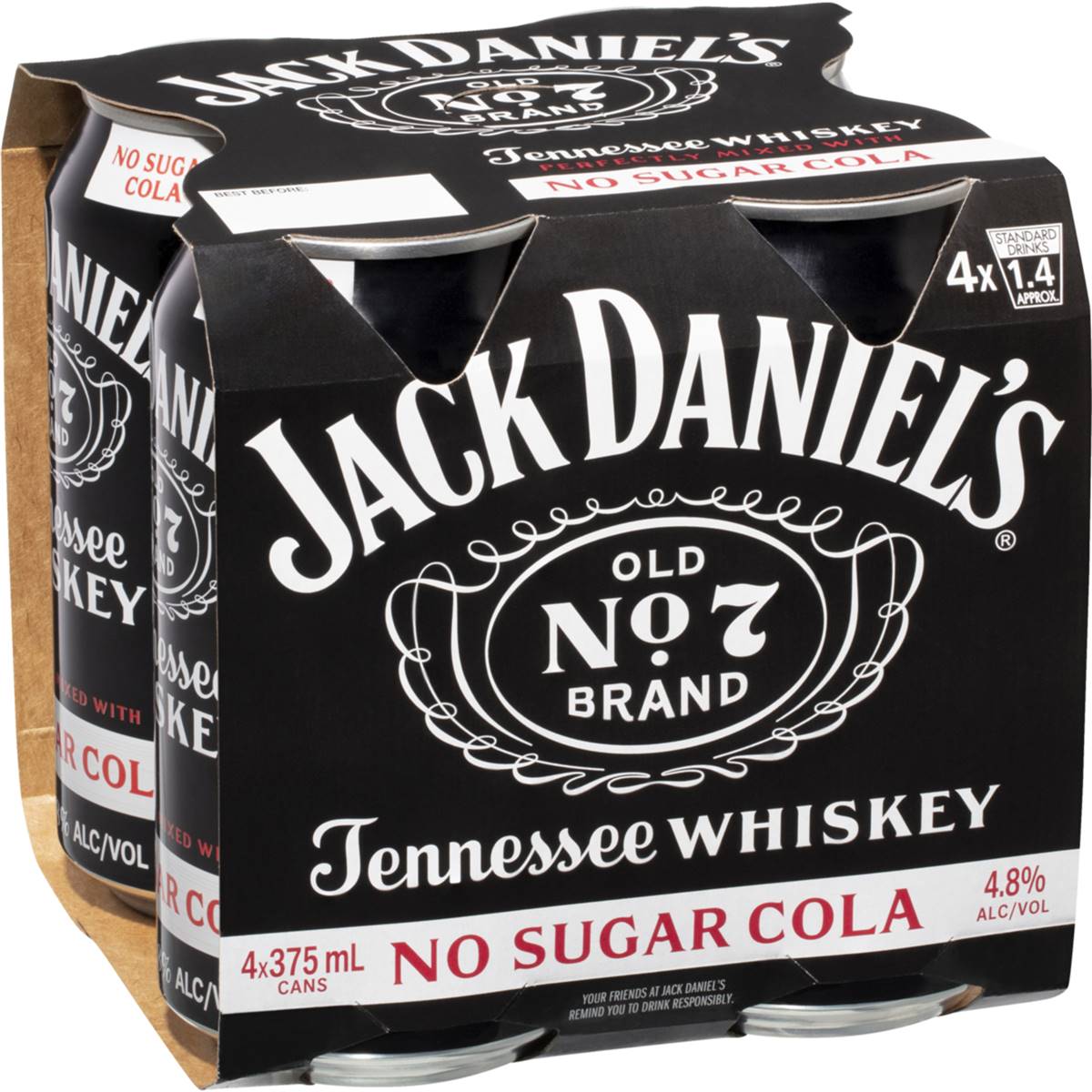 Jack Daniel's Whiskey & Zero Sugar 4x375ml Pack Woolworths