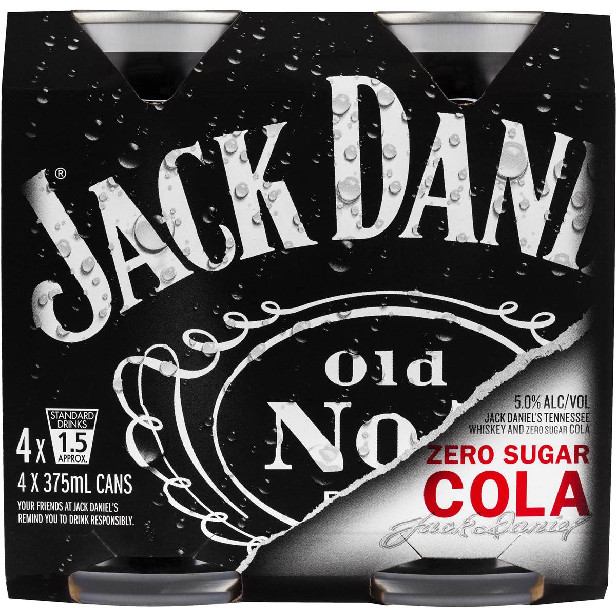 Jack Daniels Whiskey & Zero Sugar 4x375ml pack Woolworths