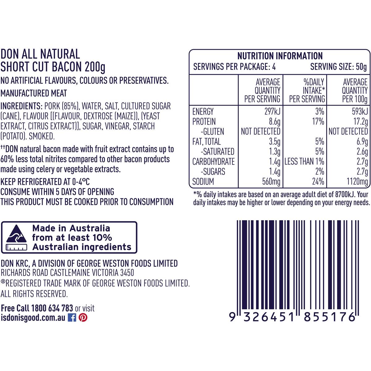 Don All Natural Short Cut Bacon Rashers 200g Woolworths