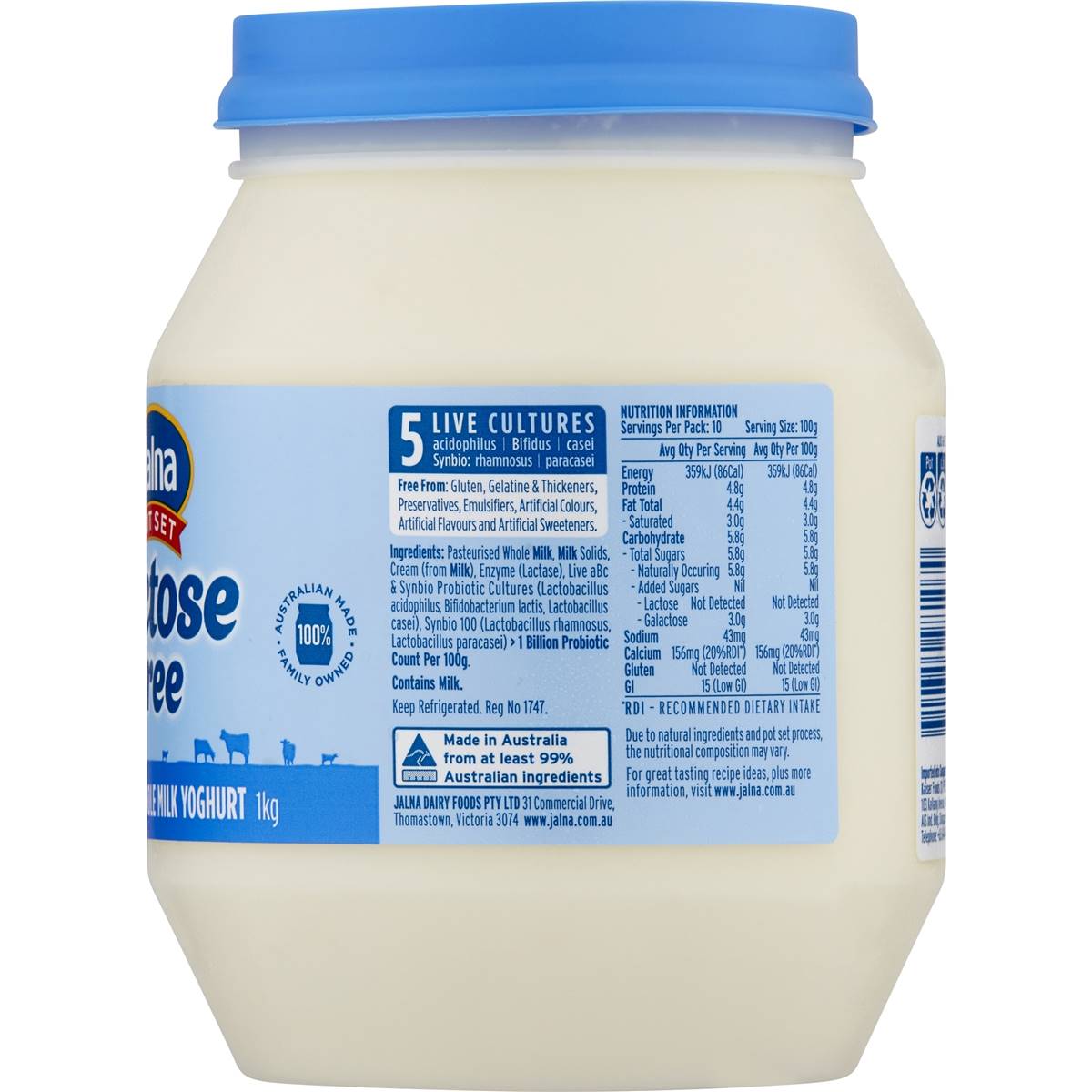 Jalna Whole Milk Yoghurt Lactose Free Natural 1kg Woolworths