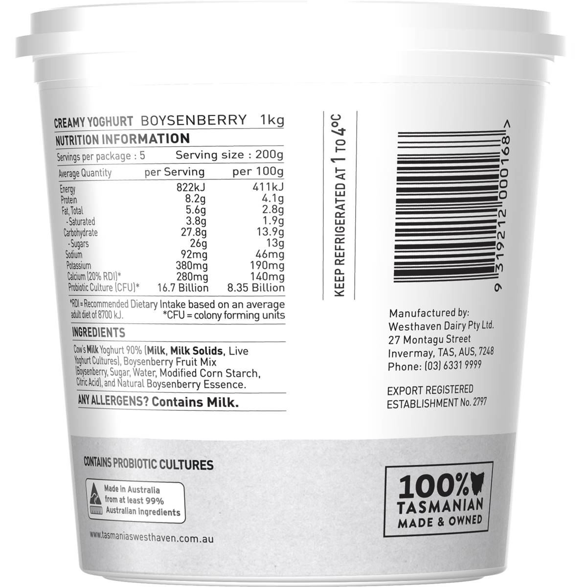 Tasmania's Westhaven Creamy Yoghurt Boysenberry 1kg | Woolworths