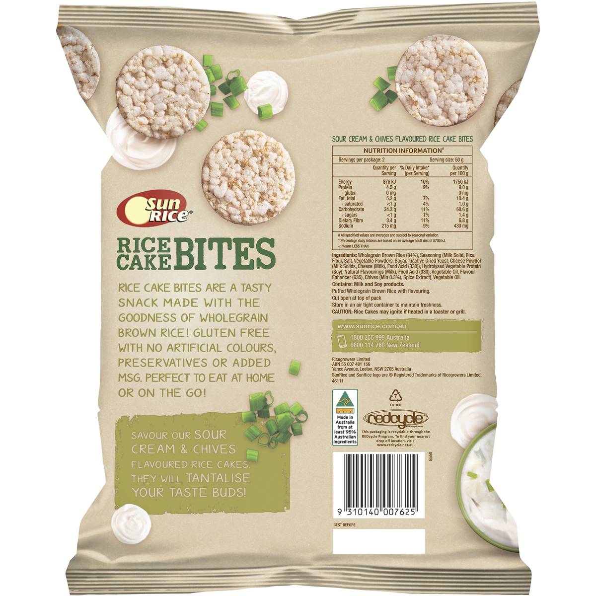 Sunrice Rice Cake Bites Sour Cream And Chives Wholegrain 100g Woolworths